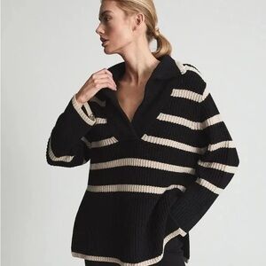 Reiss Striped Black and Cream V-Neck Sweater